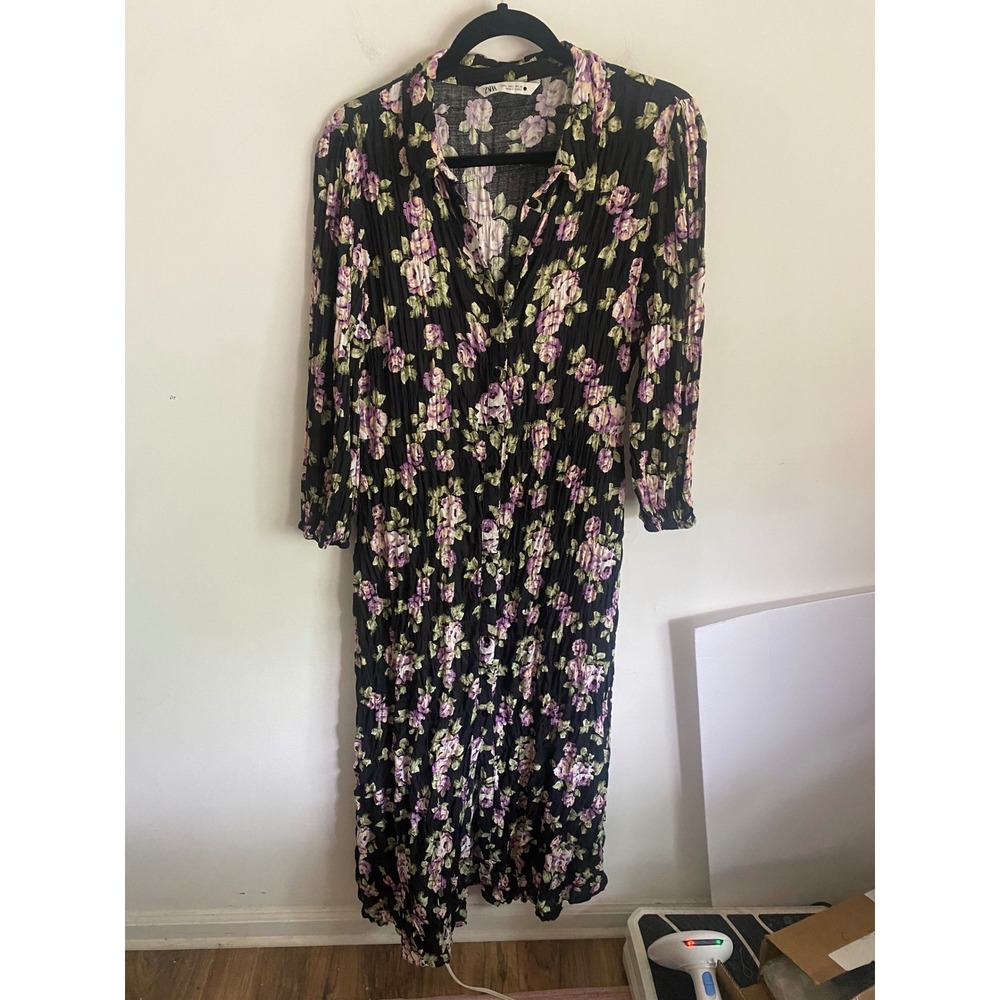 Zara Womens Floral Shirred‎ Midi Dress Black Purple Long Sleeve Pockets Size L